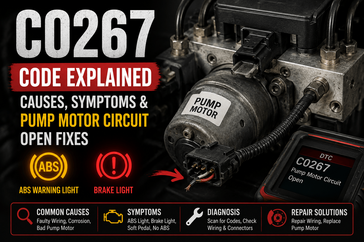 An OBD-II scanner displaying C0267 beside an ABS hydraulic control unit with the pump motor wiring highlighted and an open circuit shown while the ABS and StabiliTrak warning lights are illuminated.