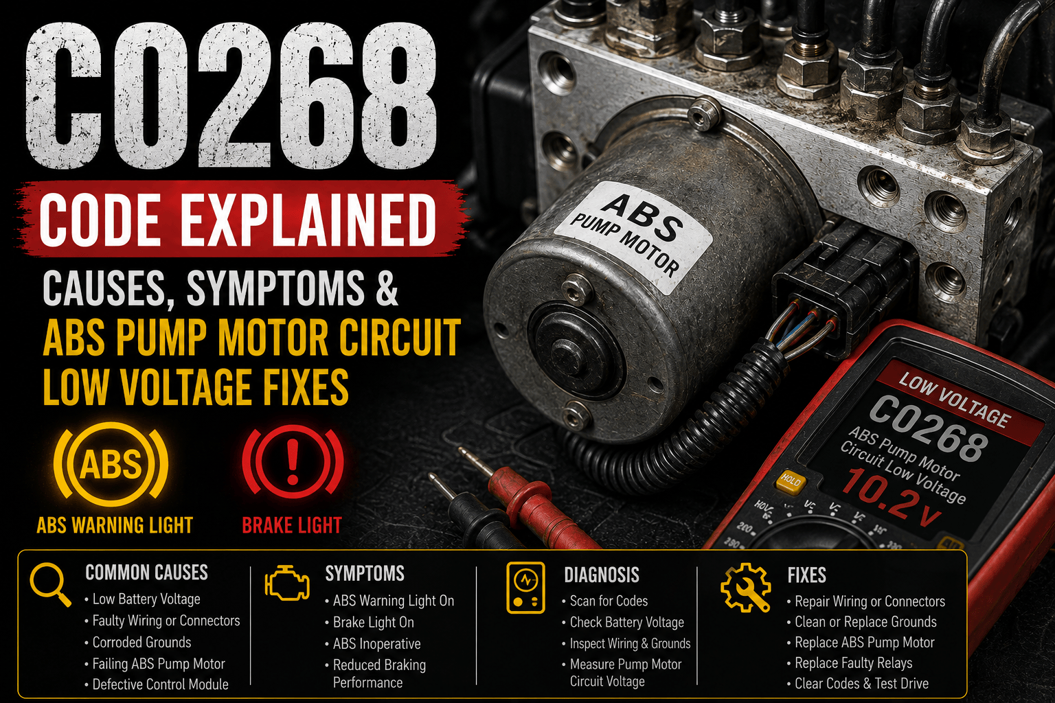 An OBD-II scanner displaying C0268 while an ABS hydraulic control unit and pump motor are highlighted, with a multimeter showing low voltage in the pump motor circuit and the ABS and StabiliTrak warning lights illuminated.