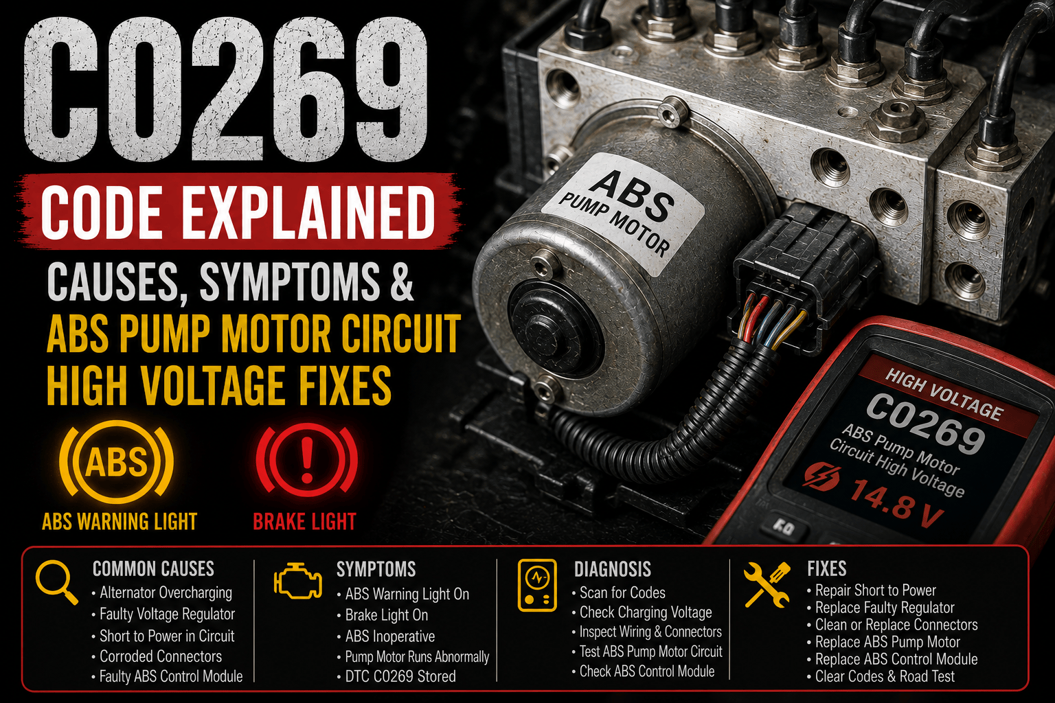 An OBD-II scanner displaying C0269 while an ABS hydraulic control unit and pump motor are highlighted, with a multimeter showing excessive voltage in the pump motor circuit alongside illuminated ABS and StabiliTrak warning lights.