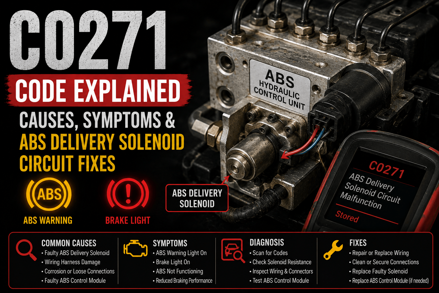 An OBD-II scanner displaying C0271 next to an ABS hydraulic control unit with the delivery (isolation) solenoid highlighted while the ABS and StabiliTrak warning lights are illuminated.