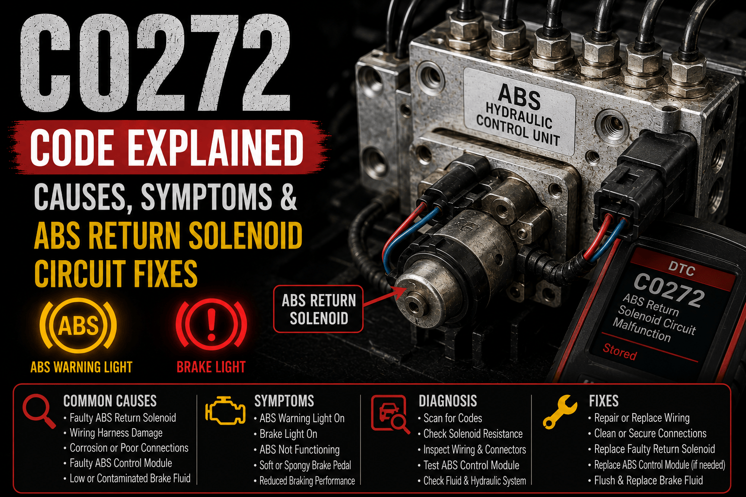 An OBD-II scanner displaying C0272 next to an ABS hydraulic control unit with the return (dump) solenoid highlighted while the ABS, traction control, and StabiliTrak warning lights are illuminated.