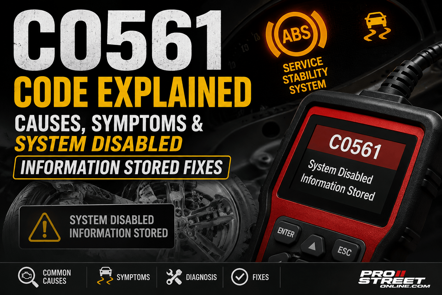 An OBD-II scanner displaying C0561 with illuminated ABS, Traction Control, and StabiliTrak warning lights while a chassis control module is highlighted to represent a system-disabled condition.