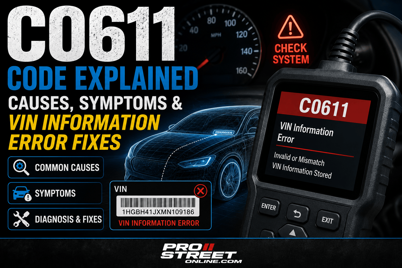 An OBD-II scanner displaying C0611 while a vehicle control module and VIN programming interface are highlighted, illustrating a VIN information mismatch between electronic control modules.