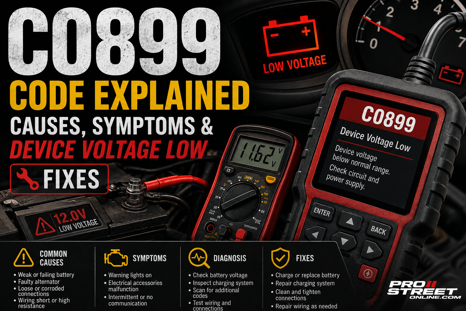 An OBD-II scanner displaying C0899 beside a weak vehicle battery and alternator with illuminated ABS and StabiliTrak warning lights, illustrating a low-voltage chassis system fault.