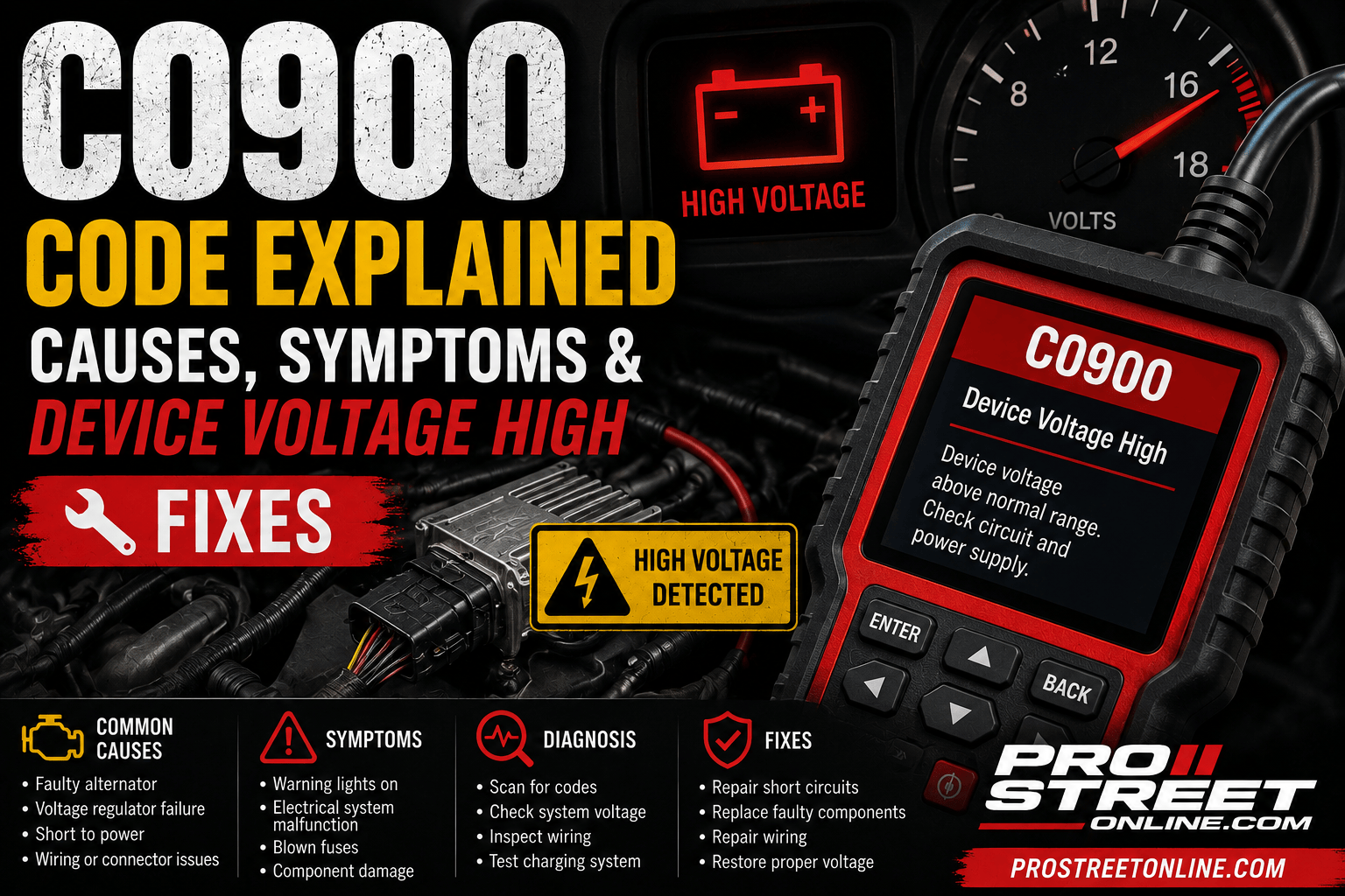 An OBD-II scanner displaying C0900 next to an overcharging alternator and battery with illuminated ABS and battery warning lights, illustrating a high-voltage electrical system fault.