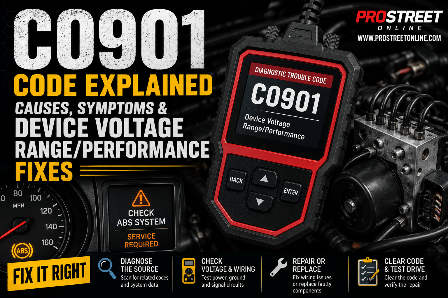 An OBD-II scanner displaying C0901 beside a vehicle battery, alternator, and chassis control module with fluctuating voltage indicators and illuminated ABS and StabiliTrak warning lights.