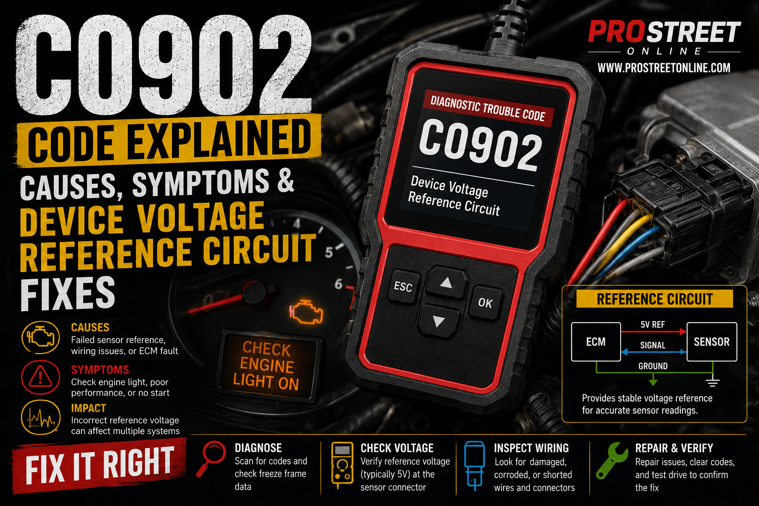 An OBD-II scanner displaying C0902 next to a chassis control module, wiring harness, and multiple 5-volt reference sensors with illuminated ABS and StabiliTrak warning lights.