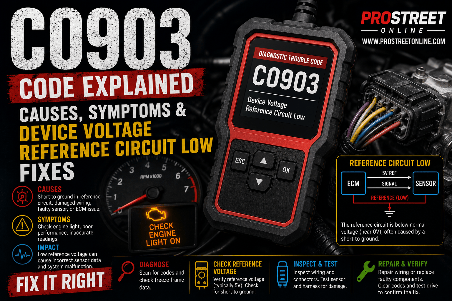 An OBD-II scanner displaying C0903 beside a chassis control module, damaged 5-volt reference wiring, and multiple chassis sensors with illuminated ABS and StabiliTrak warning lights.