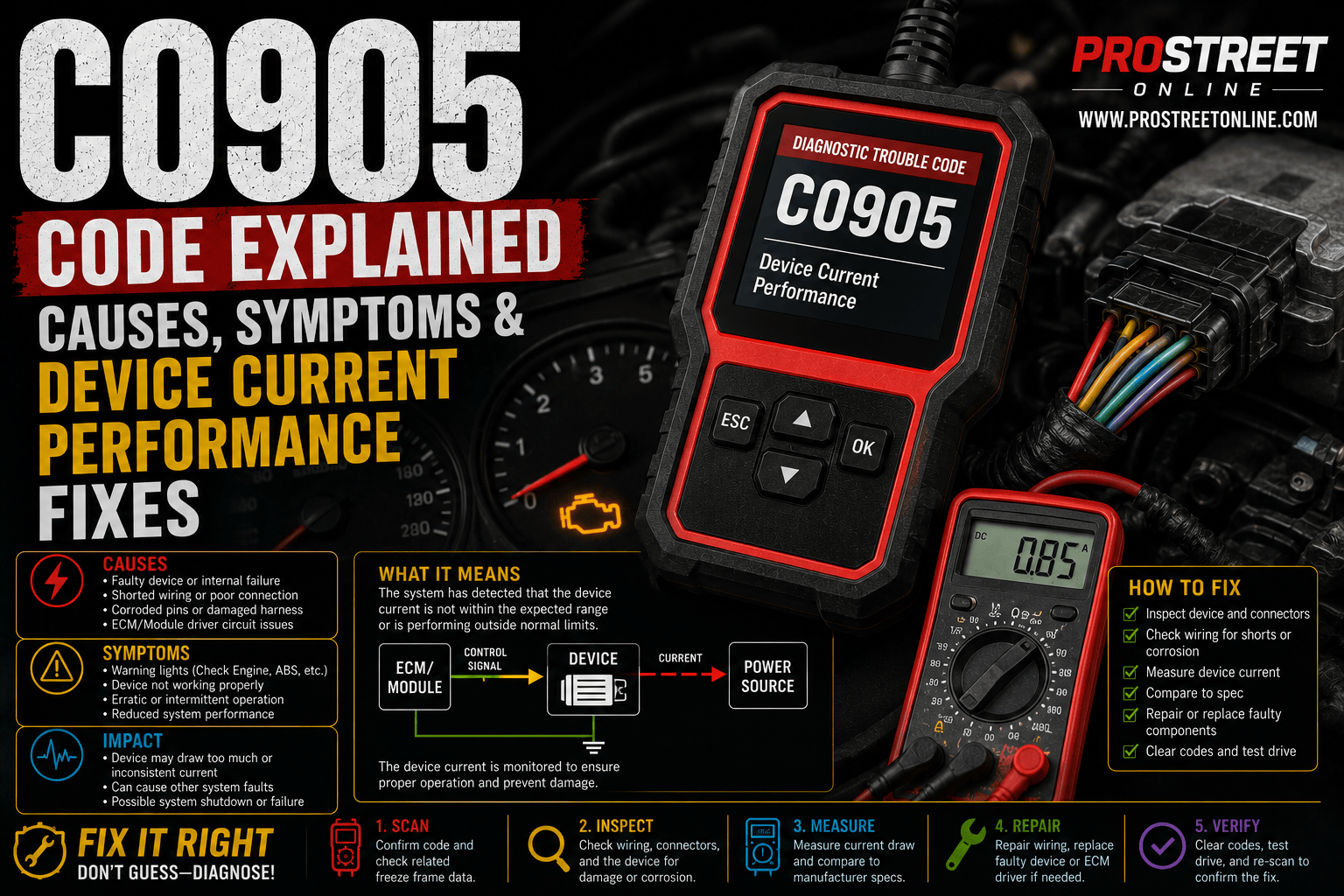 An OBD-II scanner displaying C0905 beside an electronic chassis actuator with a clamp ammeter measuring current draw, illuminated ABS and 4WD warning lights, and a highlighted wiring harness.