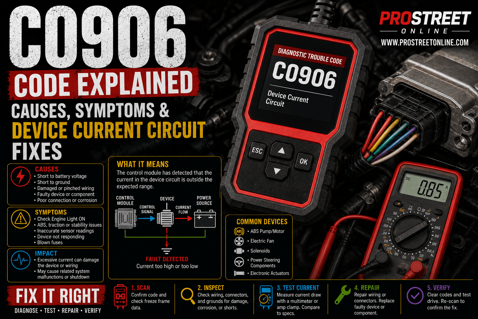 An OBD-II scanner displaying C0906 beside an electronic chassis actuator with an open wiring circuit, blown fuse, relay, multimeter probes, and illuminated ABS and 4WD warning lights.