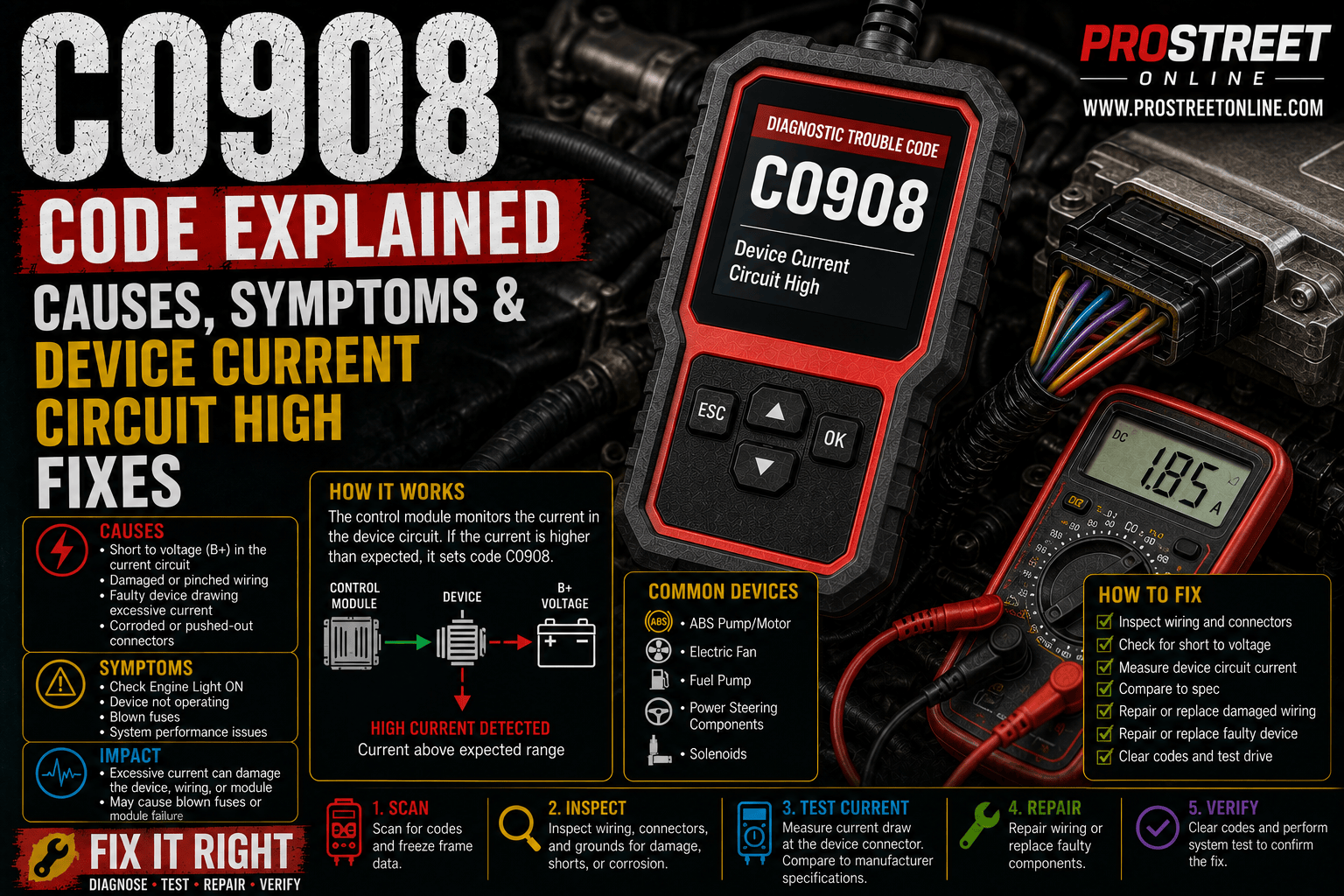 An OBD-II scanner displaying C0908 beside a chassis actuator with a clamp ammeter showing excessive current draw, damaged wiring, a seized actuator, and illuminated ABS and 4WD warning lights.