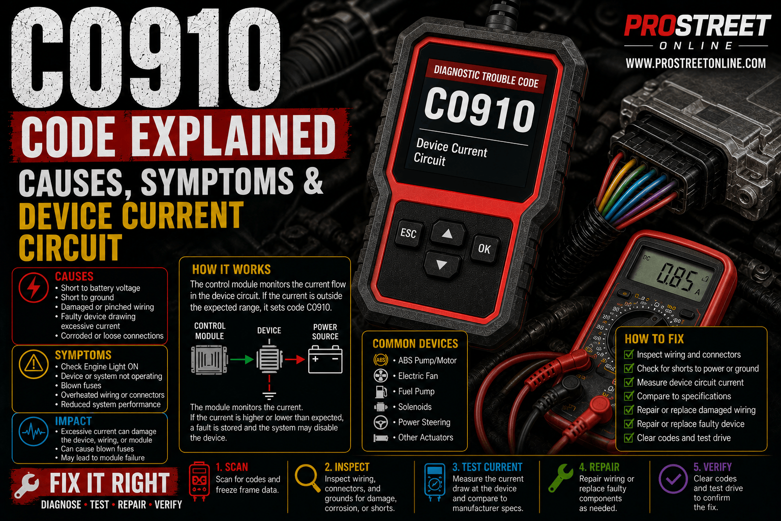 An OBD-II scanner displaying C0910 beside an electronic chassis actuator with a multimeter testing circuit continuity, wiring harness, relay, fuse, and illuminated ABS and 4WD warning lights.