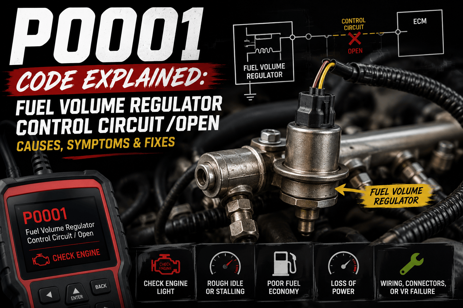An OBD-II scanner displaying P0001 beside a high-pressure fuel pump and fuel volume regulator with highlighted wiring and electrical connector.