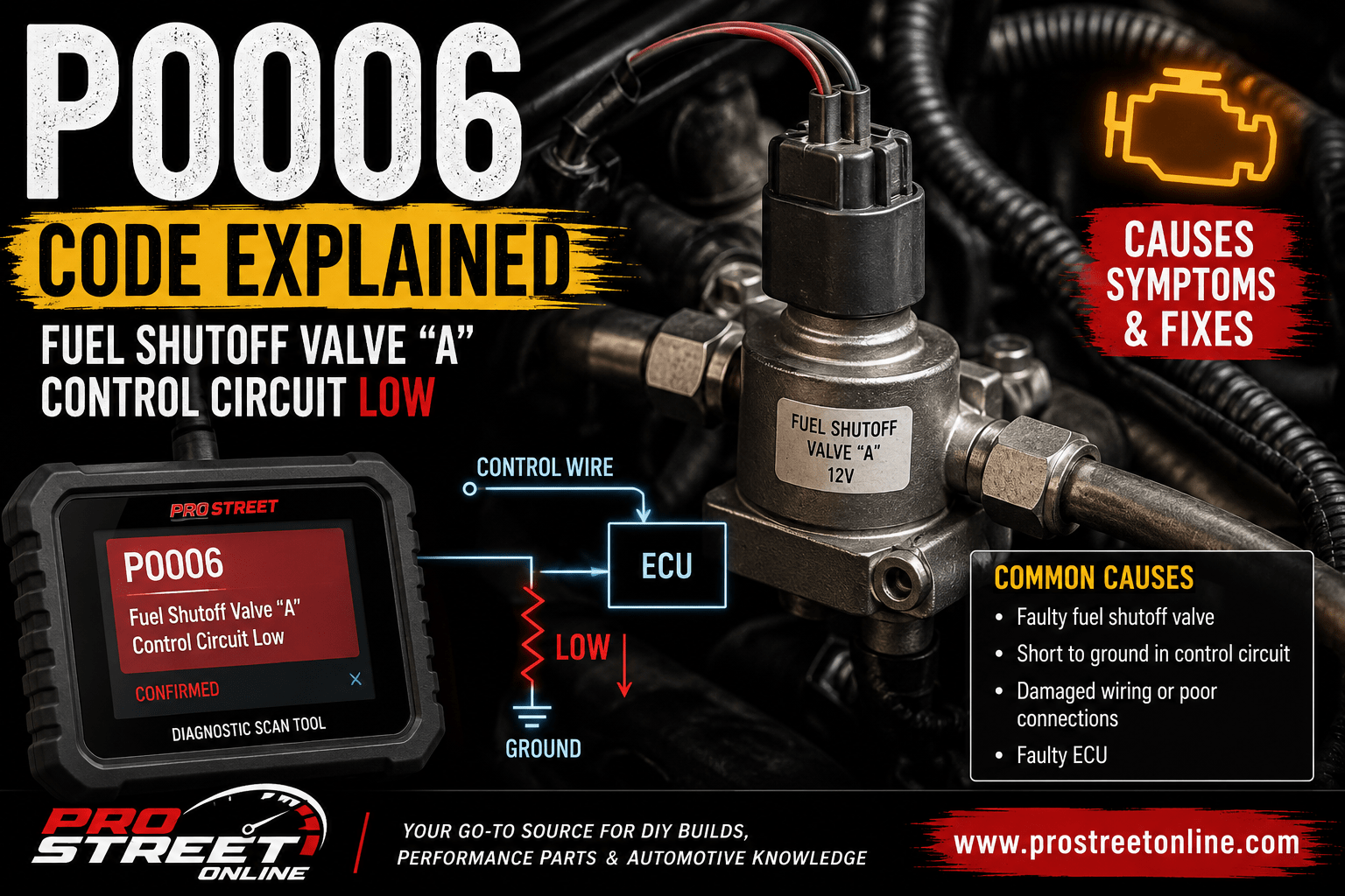 An OBD-II scanner displaying P0006 next to a diesel fuel shutoff valve, wiring harness, battery, and multimeter showing a low-voltage control circuit diagnosis.