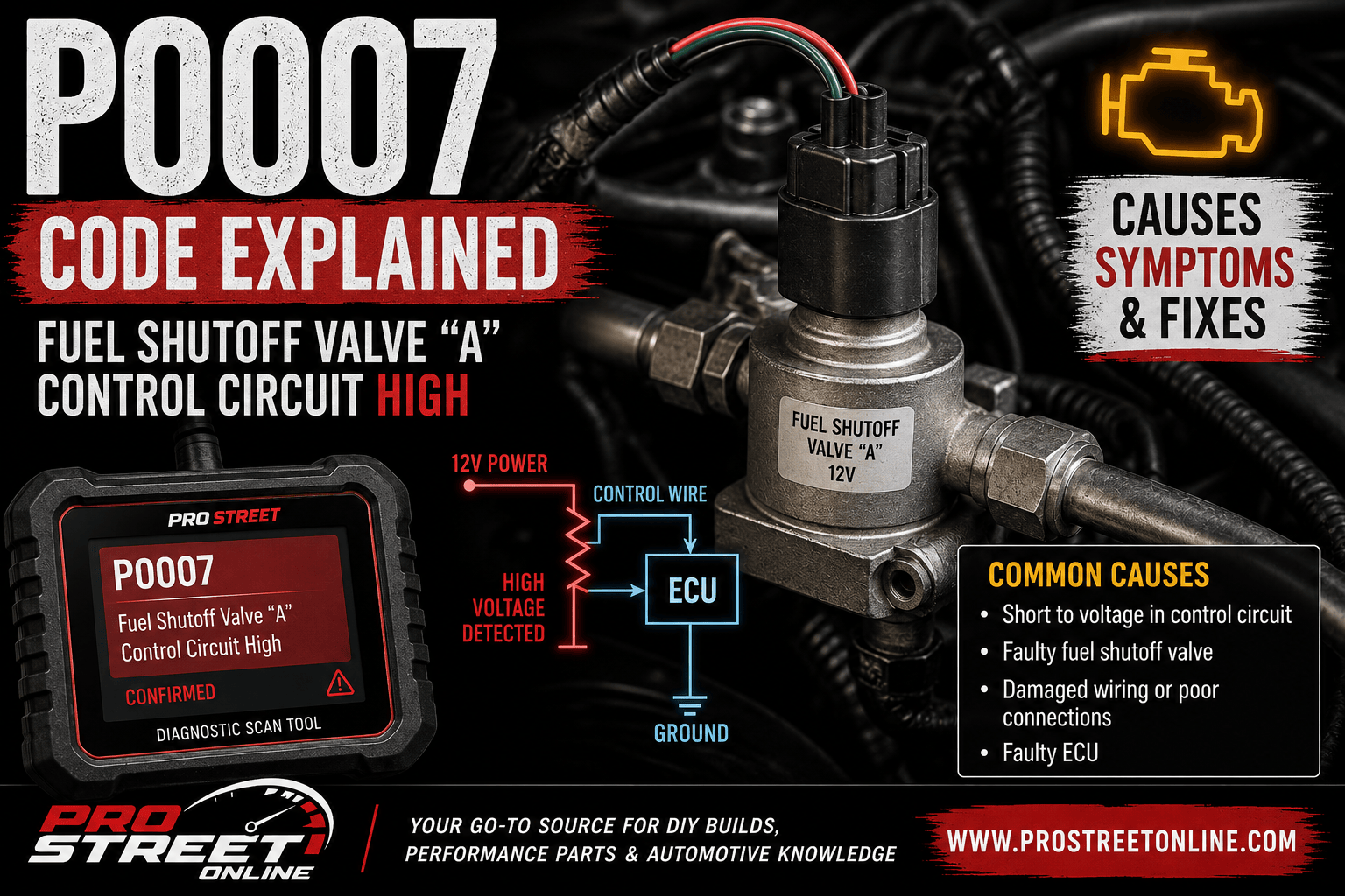 OBD-II scanner displaying P0007 beside a diesel fuel shutoff valve, relay, wiring harness and multimeter testing a circuit-high fault