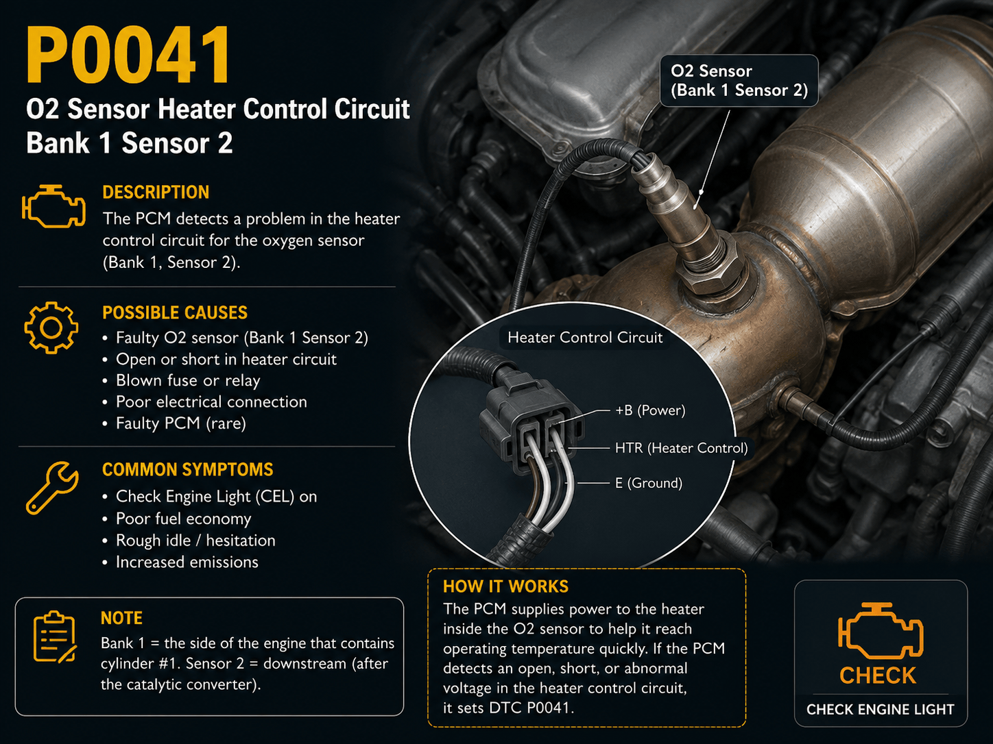 OBD-II scanner displaying P0041 beside a V6 engine with crossed downstream oxygen sensor connectors after the catalytic converters highlighted.