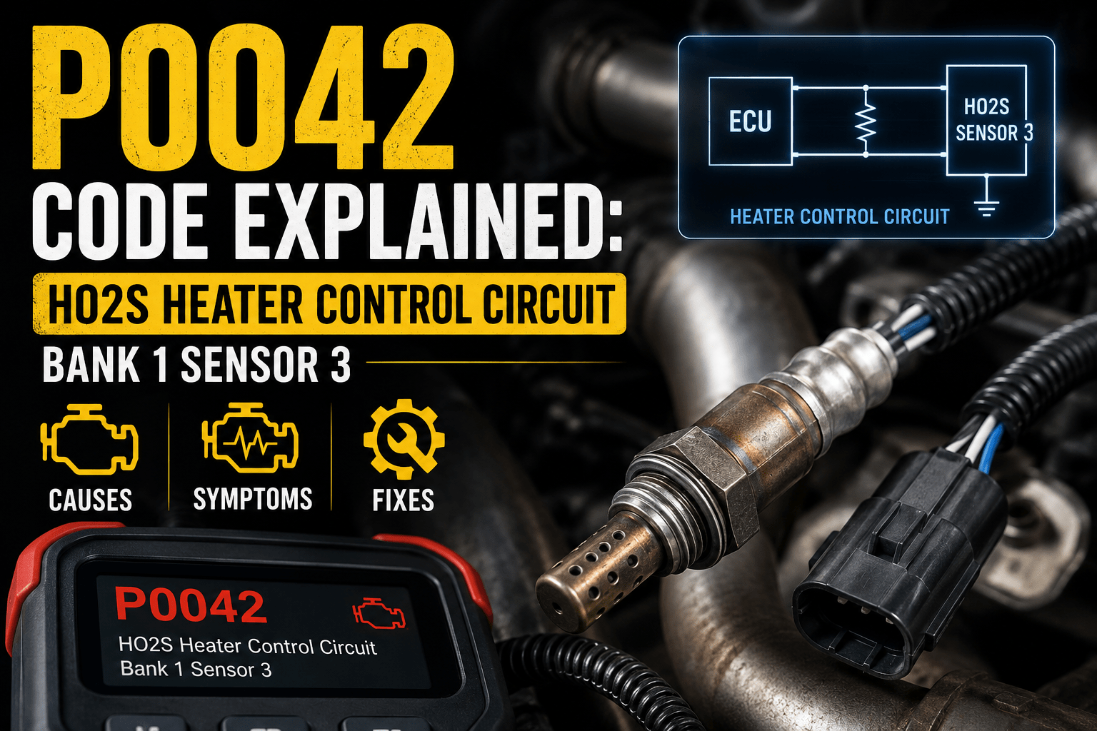 OBD-II scanner displaying P0042 beside a third downstream oxygen sensor located after a secondary catalytic converter with the heater wiring highlighted.