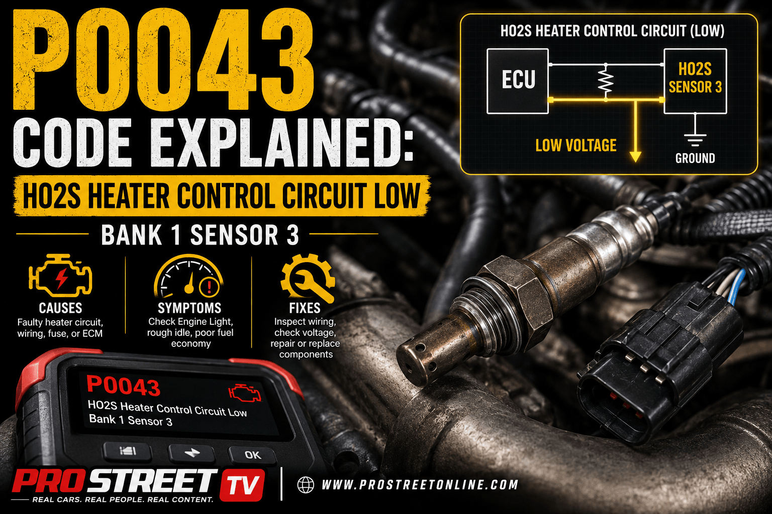 P0043 code displayed on an OBD-II scanner beside a Bank 1 Sensor 3 oxygen sensor with damaged heater wiring near the exhaust.