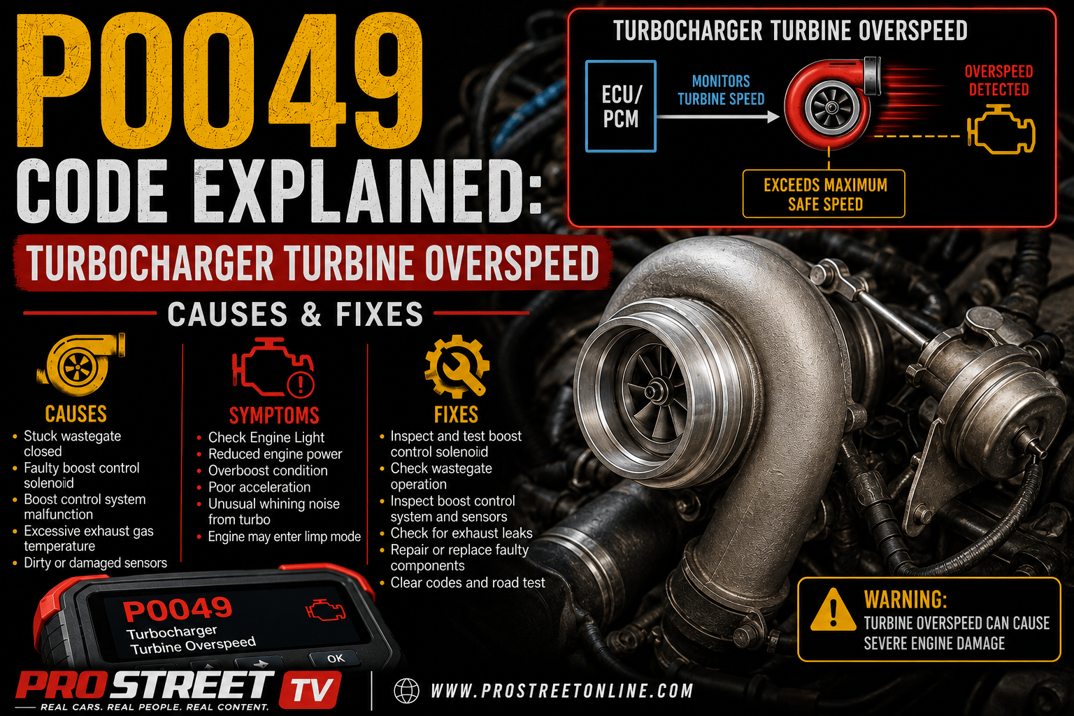P0049 turbine overspeed code displayed on an OBD-II scanner beside a glowing turbocharger with excessive shaft-speed warning graphics.