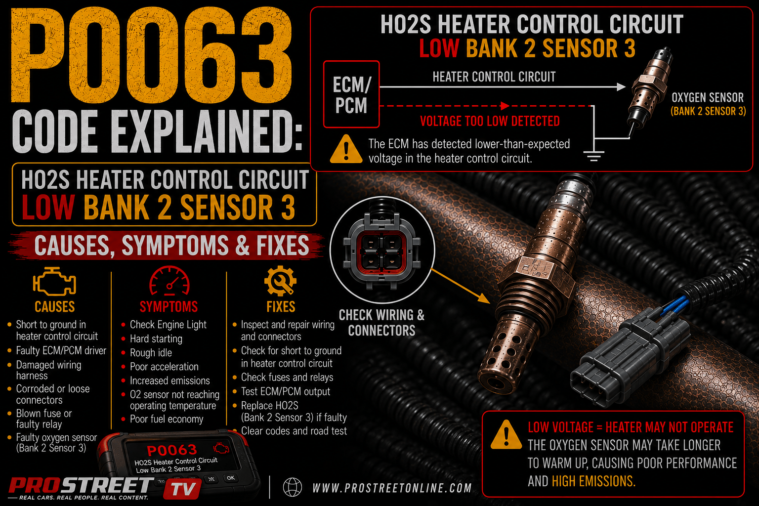 P0063 code displayed on an OBD-II scanner with the Bank 2 Sensor 3 oxygen sensor and a low-voltage heater circuit short highlighted near the catalytic converter.