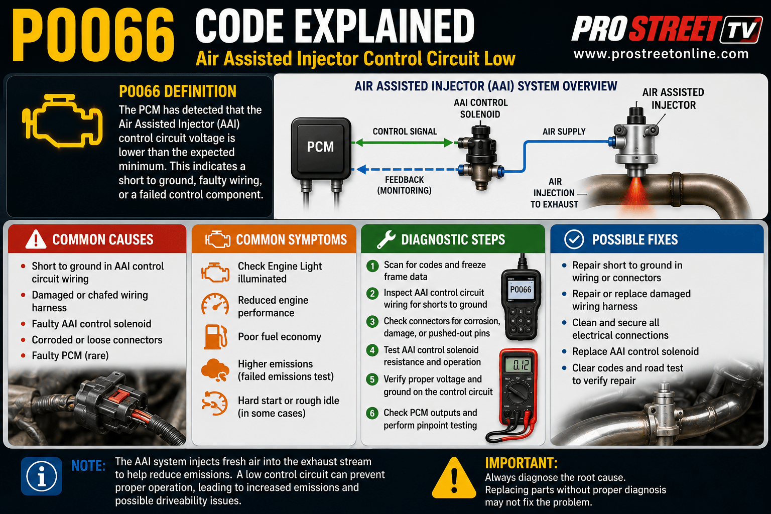 P0066 code displayed on an OBD-II scanner with an air-assisted injector control solenoid and low-voltage circuit short highlighted near the intake manifold.