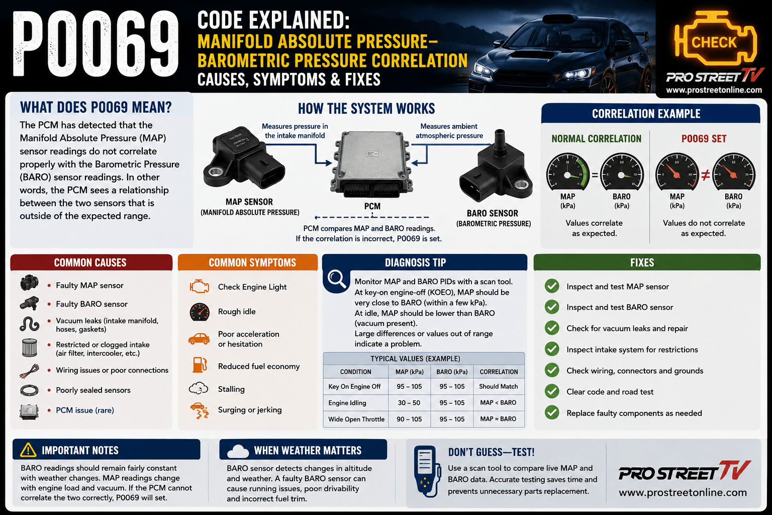 P0069 code displayed on an OBD-II scanner with the MAP sensor, barometric pressure sensor, intake manifold, and atmospheric pressure readings highlighted.
