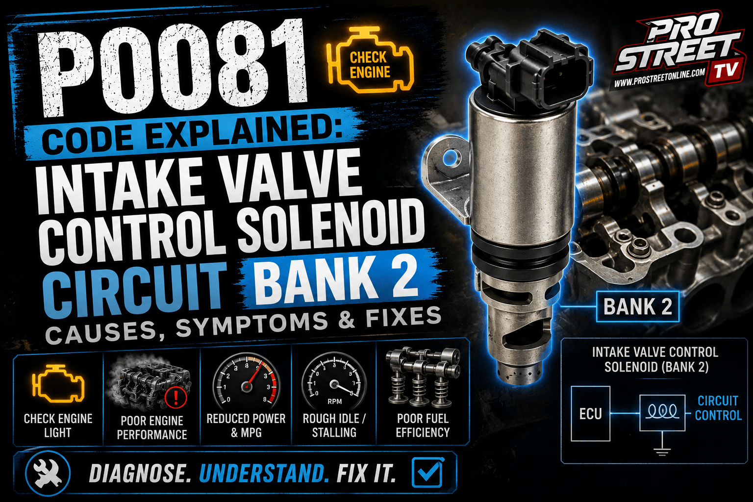 P0081 code displayed on an OBD-II scanner with the Bank 2 intake valve control solenoid, VVT wiring, oil passages, and intake camshaft actuator highlighted.