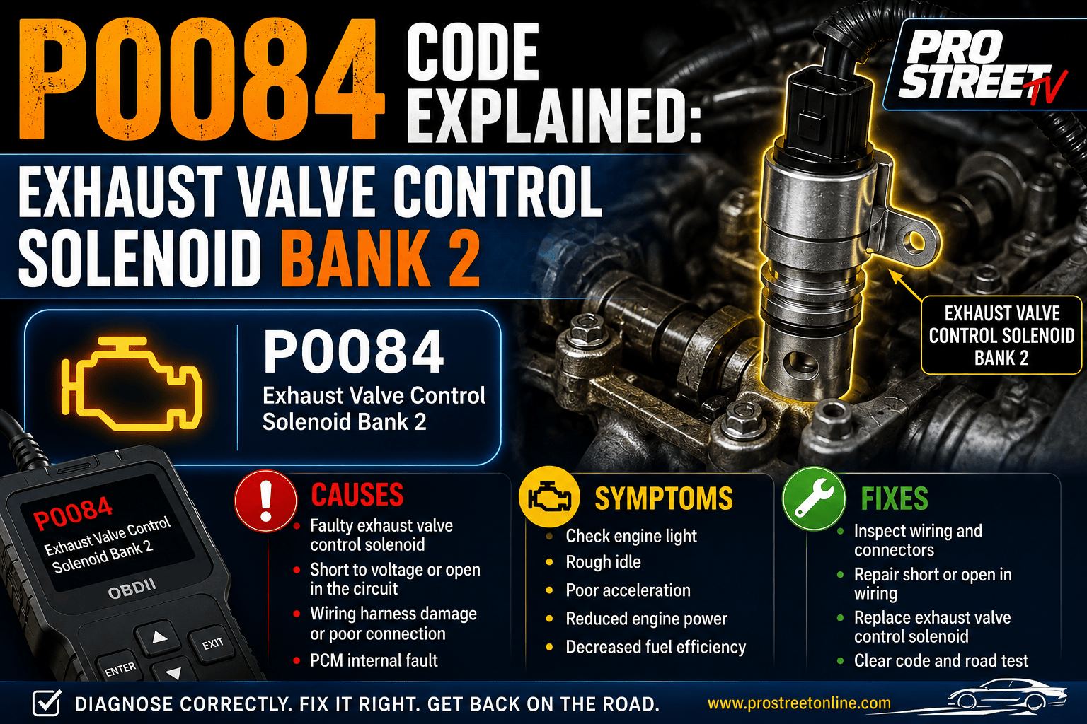 P0084 code displayed on an OBD-II scanner with the Bank 2 exhaust valve control solenoid, electrical connector, VVT oil passages and exhaust camshaft actuator highlighted.
