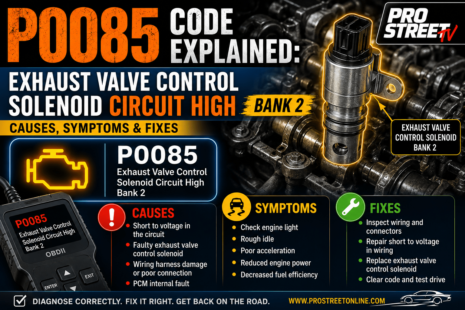 P0085 code displayed on an OBD-II scanner with the Bank 2 exhaust valve control solenoid, low circuit voltage, grounded wiring and exhaust camshaft actuator highlighted.