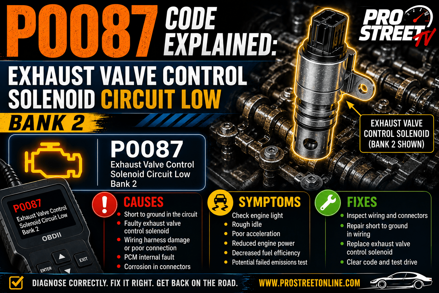 P0087 code displayed on an OBD-II scanner with low fuel rail pressure, a high-pressure fuel pump, clogged fuel filter, fuel pressure sensor, and warning gauge highlighted.