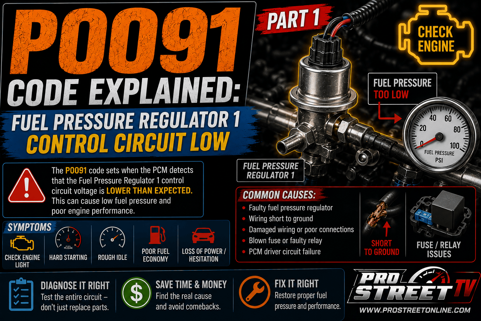 P0091 Fuel Pressure Regulator 1 Control Circuit Low diagnostic illustration showing the electronic fuel pressure regulator and wiring