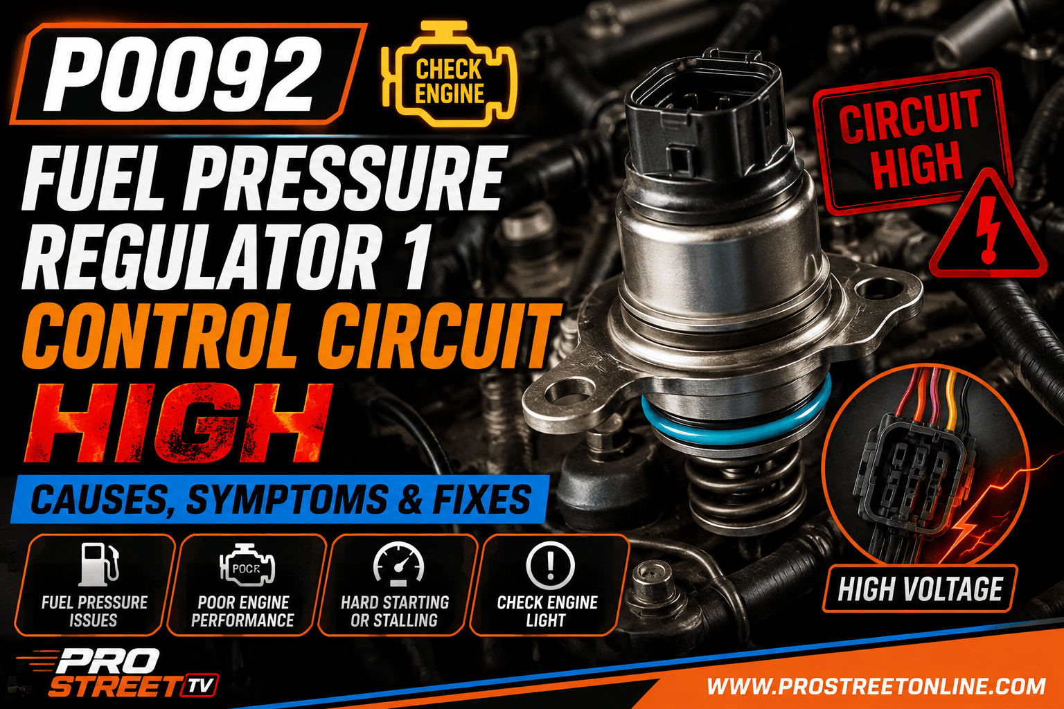 P0092 Fuel Pressure Regulator 1 Control Circuit High diagnostic illustration showing an electronic fuel pressure regulator, wiring harness, and Check Engine warning