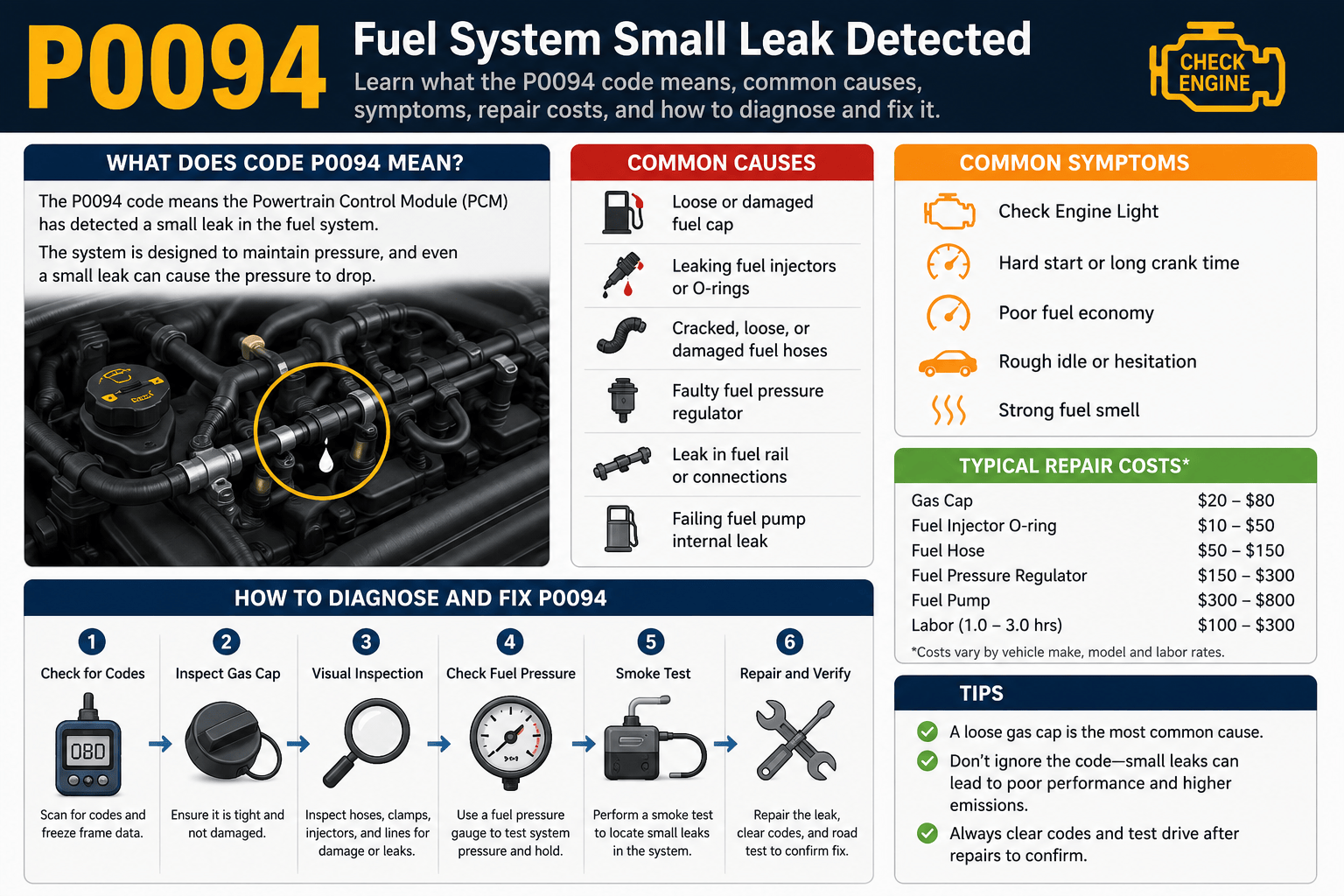 P0094 Fuel System Small Leak Detected illustration showing a high-pressure fuel rail, injector seepage, fuel line, and Check Engine warning light