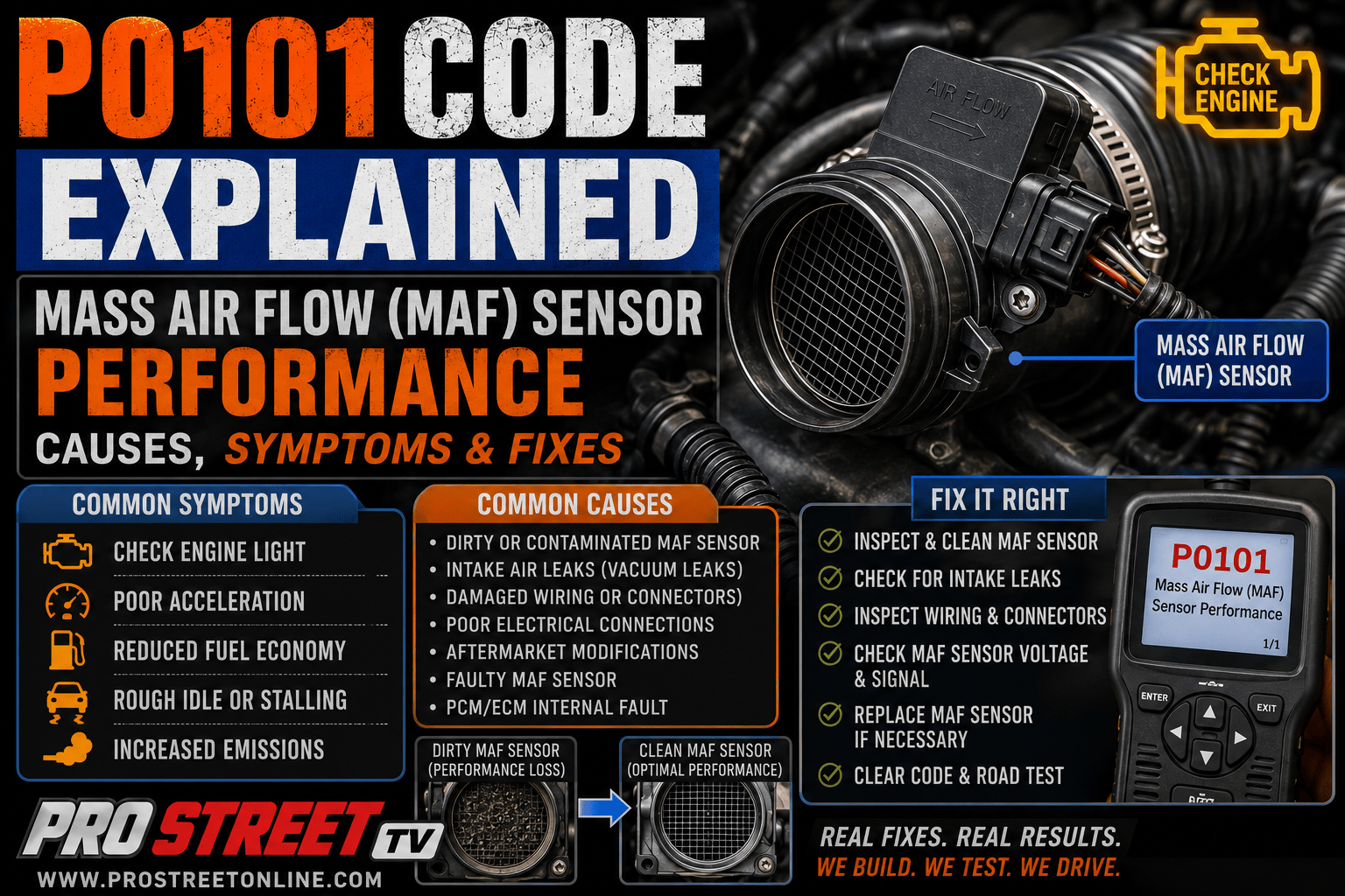 P0101 Mass Air Flow MAF Sensor Performance illustration showing a dirty MAF sensor, cracked intake boot, vacuum leak, airflow arrows, scan tool, and Check Engine warning light