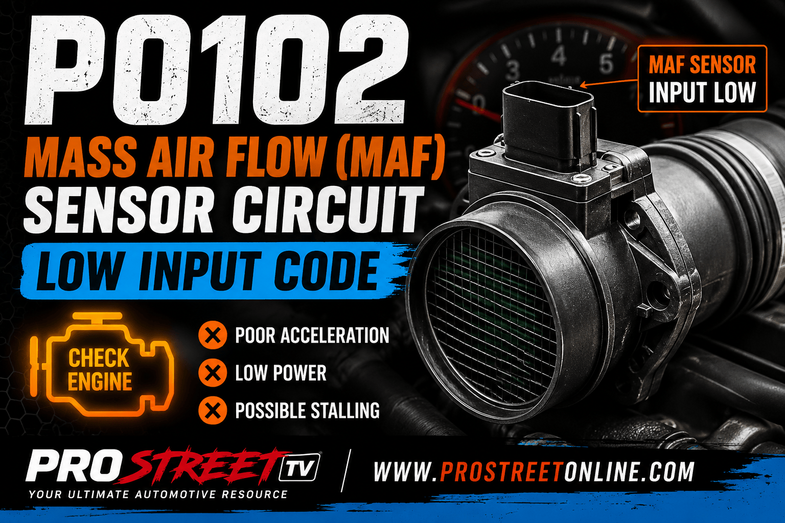 P0102 Mass Air Flow sensor circuit low input illustration showing a contaminated MAF sensor, damaged wiring, low-voltage warning, intake tube, and Check Engine Light