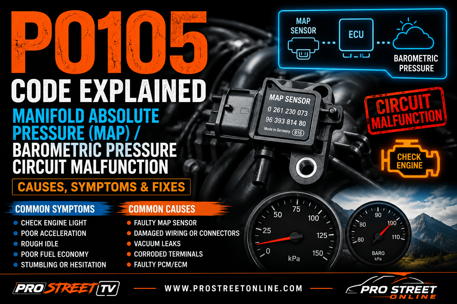 A P0105 code indicates an electrical malfunction in the Manifold Absolute Pressure (MAP) or Barometric Pressure sensor circuit, affecting engine load calculations and drivability.