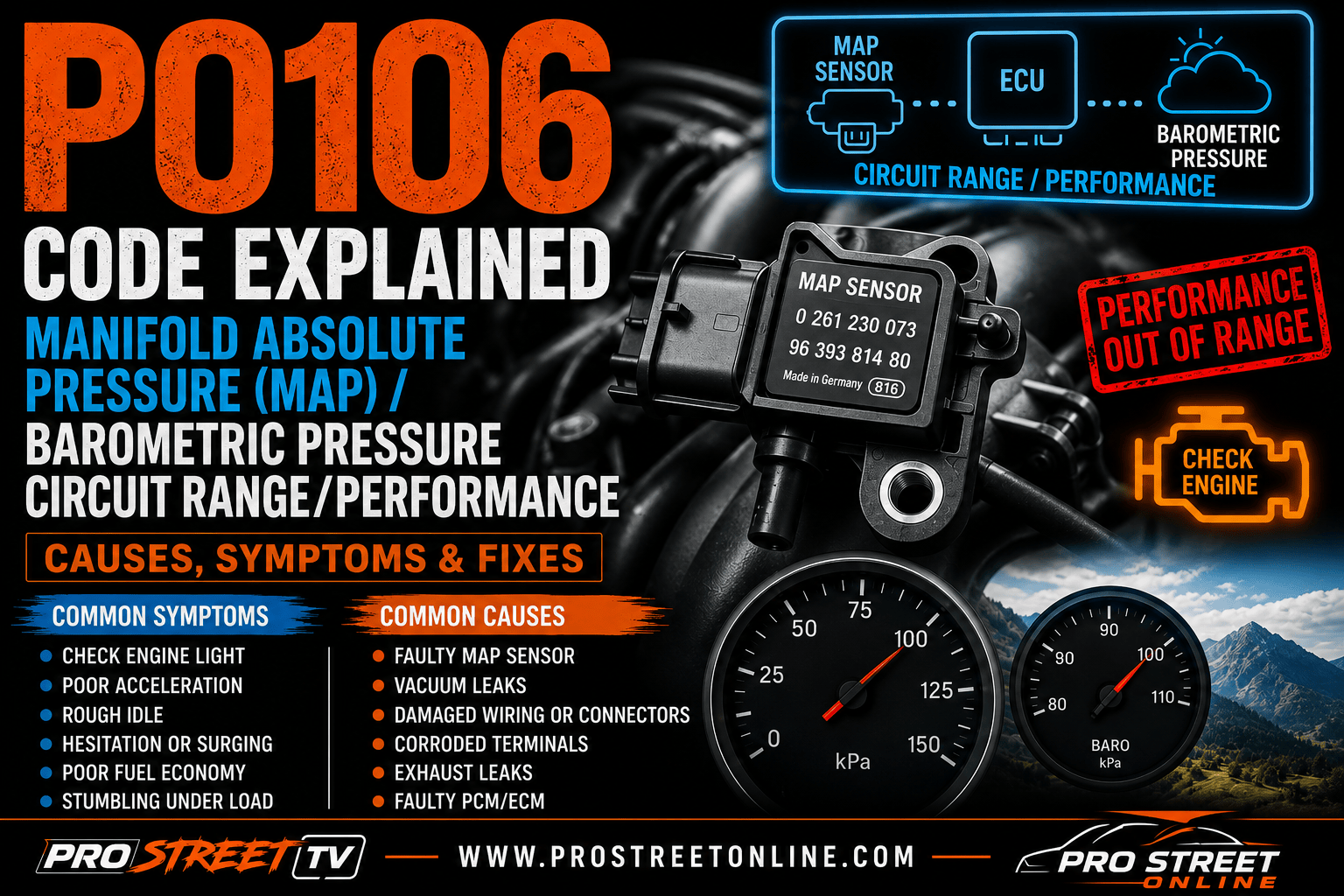 P0106 Code Explained highlight image showing a Manifold Absolute Pressure sensor range and performance fault, intake manifold, abnormal pressure signal graph, vacuum leak warning, Check Engine light, Pro Street TV logo, and www.ProStreetOnline.com branding.