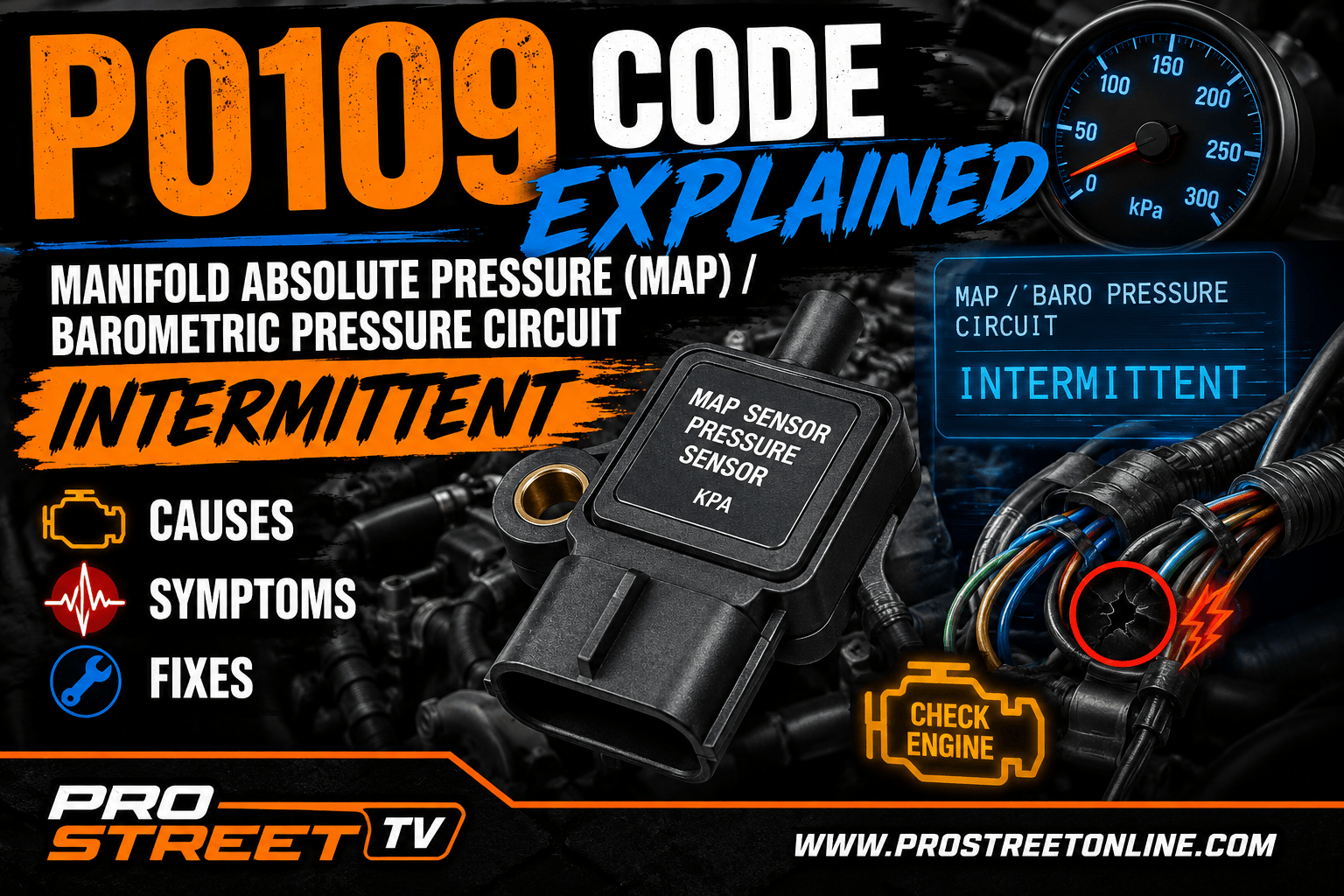 Automotive diagnostic illustration showing a MAP sensor near an intake manifold, a fluctuating voltage graph, loose connector, damaged wiring, Check Engine warning, and Pro Street TV branding.