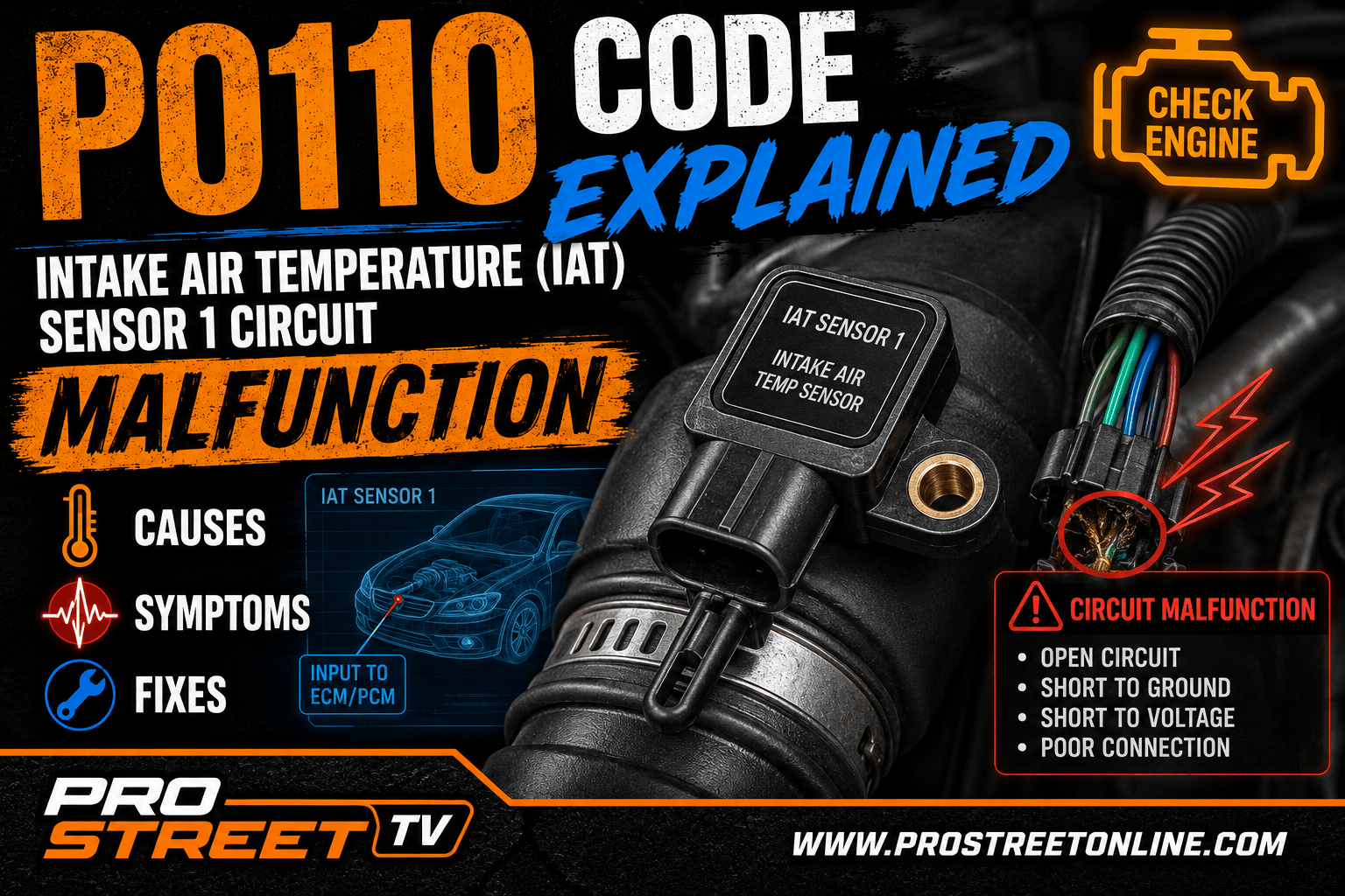 P0110 Code Explained illustration showing an Intake Air Temperature (IAT) sensor, intake tubing, electrical connector, Check Engine warning light, Pro Street TV logo, and www.ProStreetOnline.com branding.