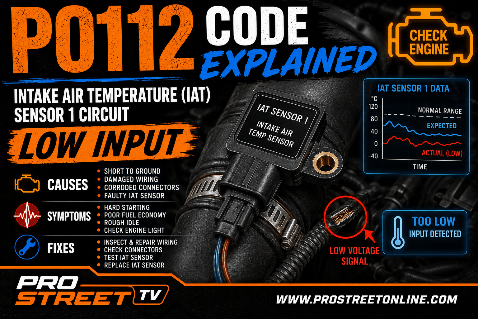 P0112 Code Explained illustration showing an Intake Air Temperature sensor with a short-to-ground fault, extremely high temperature reading, Check Engine Light, Pro Street TV logo, and www.ProStreetOnline.com branding.