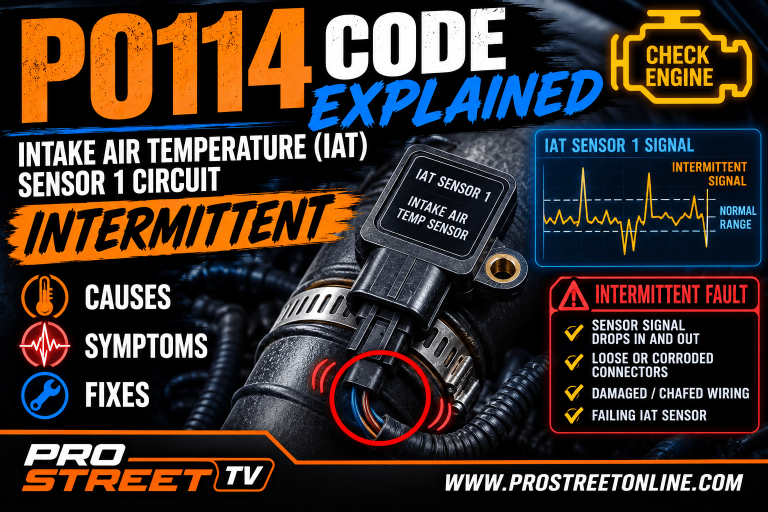 P0114 Code Explained illustration showing an intermittent Intake Air Temperature sensor signal, fluctuating scan-tool readings, damaged wiring, Check Engine Light, Pro Street TV logo, and www.ProStreetOnline.com.