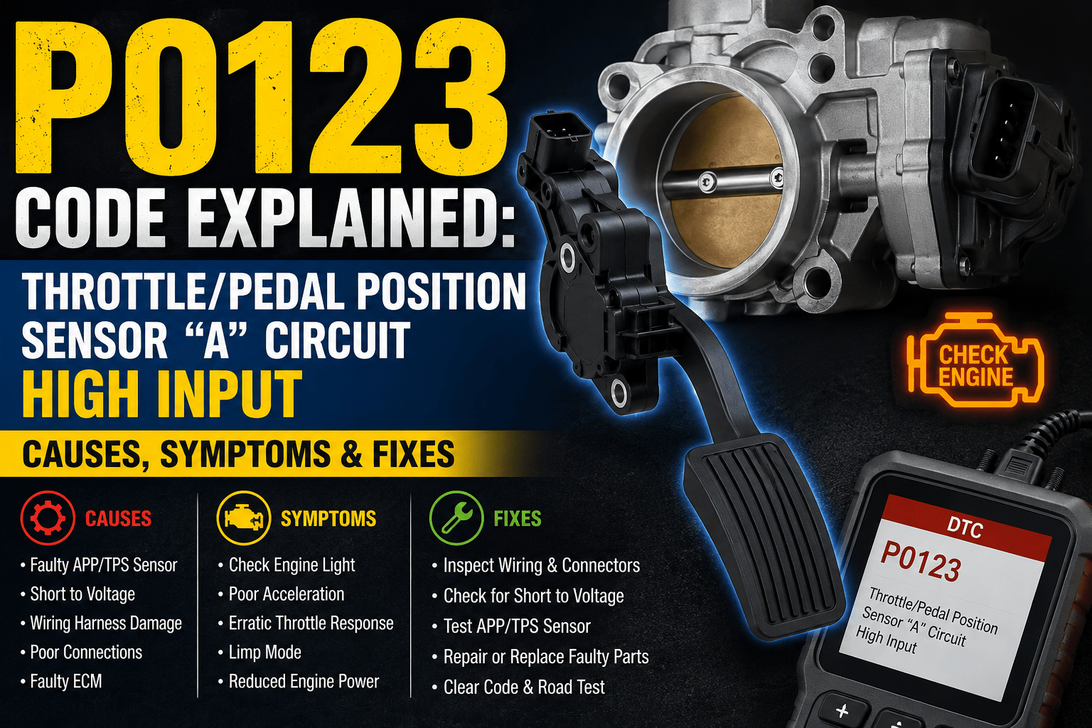 P0123 code illustration showing a throttle body, accelerator pedal position sensor, high-voltage warning, Check Engine Light, Pro Street TV logo, and www.ProStreetOnline.com.