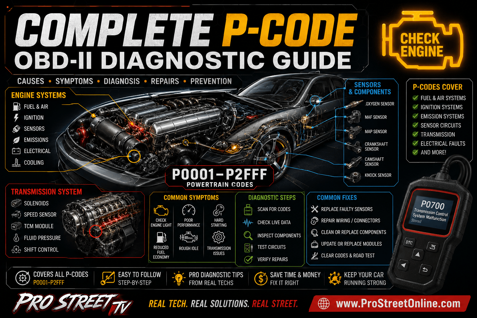 Complete P-Code OBD-II diagnostic guide showing engine, transmission, sensors, Check Engine Light, Pro Street TV logo, and www.ProStreetOnline.com.