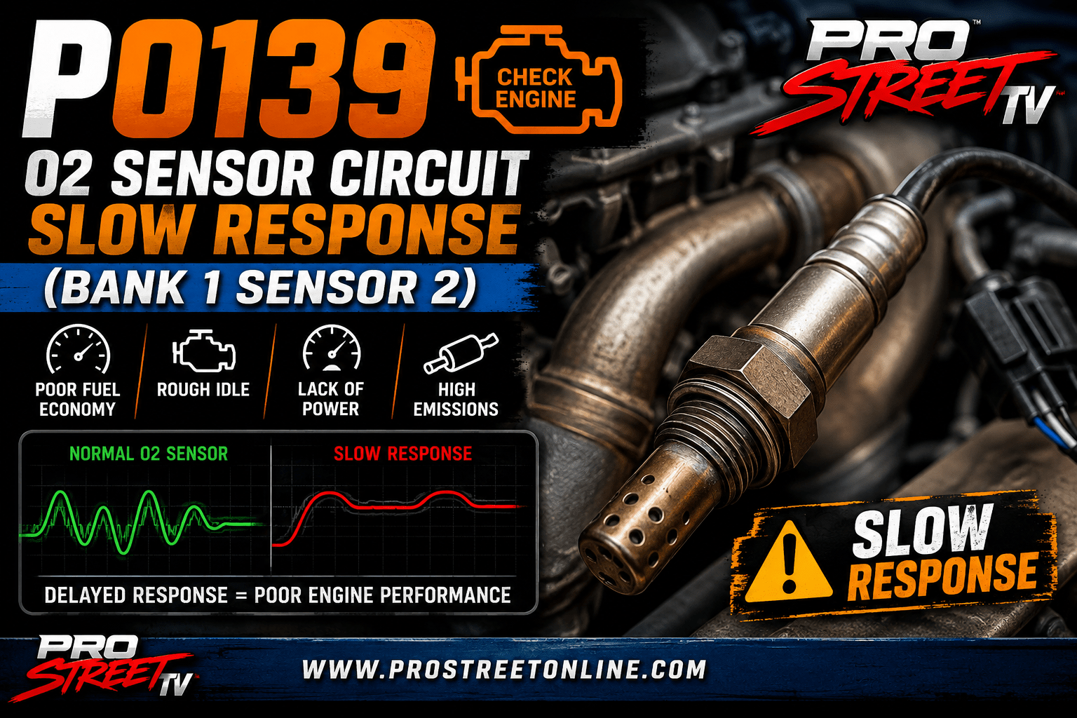 P0139 code illustration showing a slow-responding downstream oxygen sensor on Bank 1 Sensor 2 with a catalytic converter, Check Engine Light, Pro Street TV logo, and www.ProStreetOnline.com.