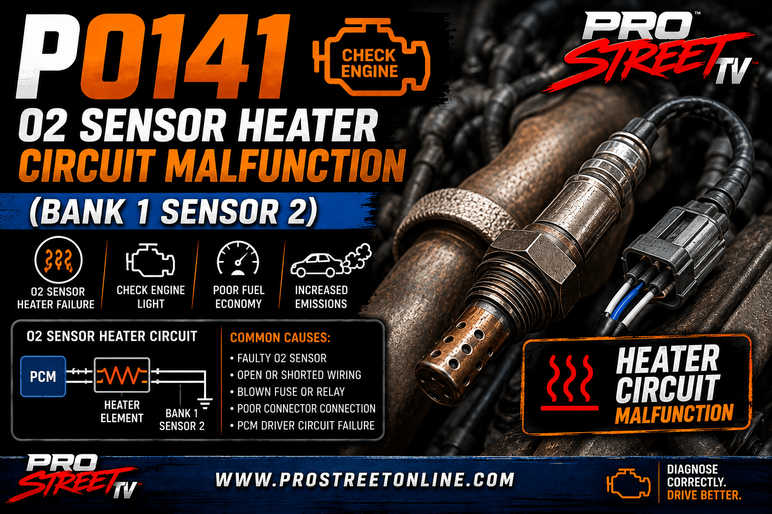 P0141 code illustration showing the Bank 1 Sensor 2 oxygen sensor heater circuit, wiring, fuse, relay, catalytic converter, Check Engine Light, Pro Street TV logo, and www.ProStreetOnline.com.