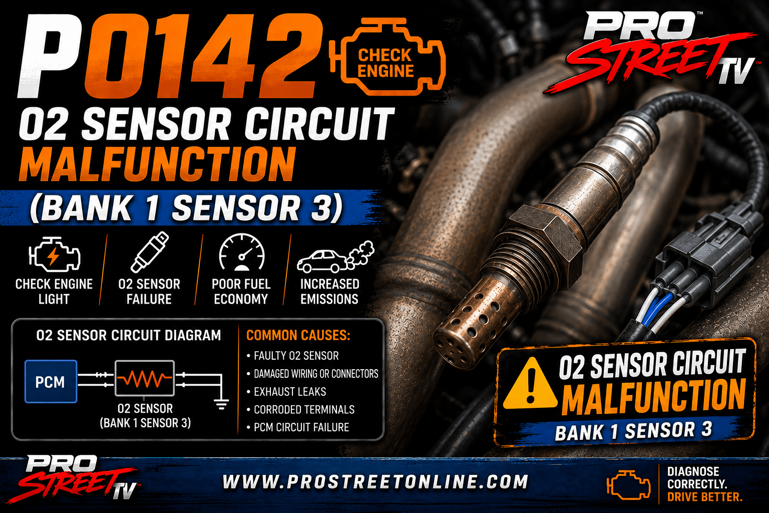 P0142 code illustration showing the Bank 1 Sensor 3 oxygen sensor, signal wiring, catalytic converter, Check Engine Light, Pro Street TV logo, and www.ProStreetOnline.com.