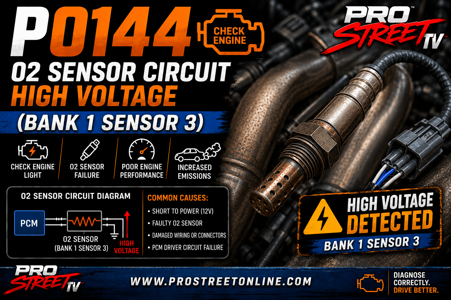 P0144 code illustration showing a Bank 1 Sensor 3 oxygen sensor with a high-voltage signal, catalytic converter, Check Engine Light, Pro Street TV logo, and www.ProStreetOnline.com.