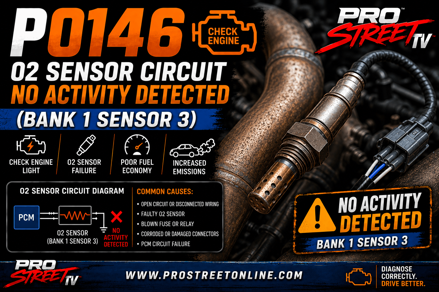 P0146 code illustration showing a Bank 1 Sensor 3 oxygen sensor with no signal activity, catalytic converter, Check Engine Light, Pro Street TV logo, and www.ProStreetOnline.com.