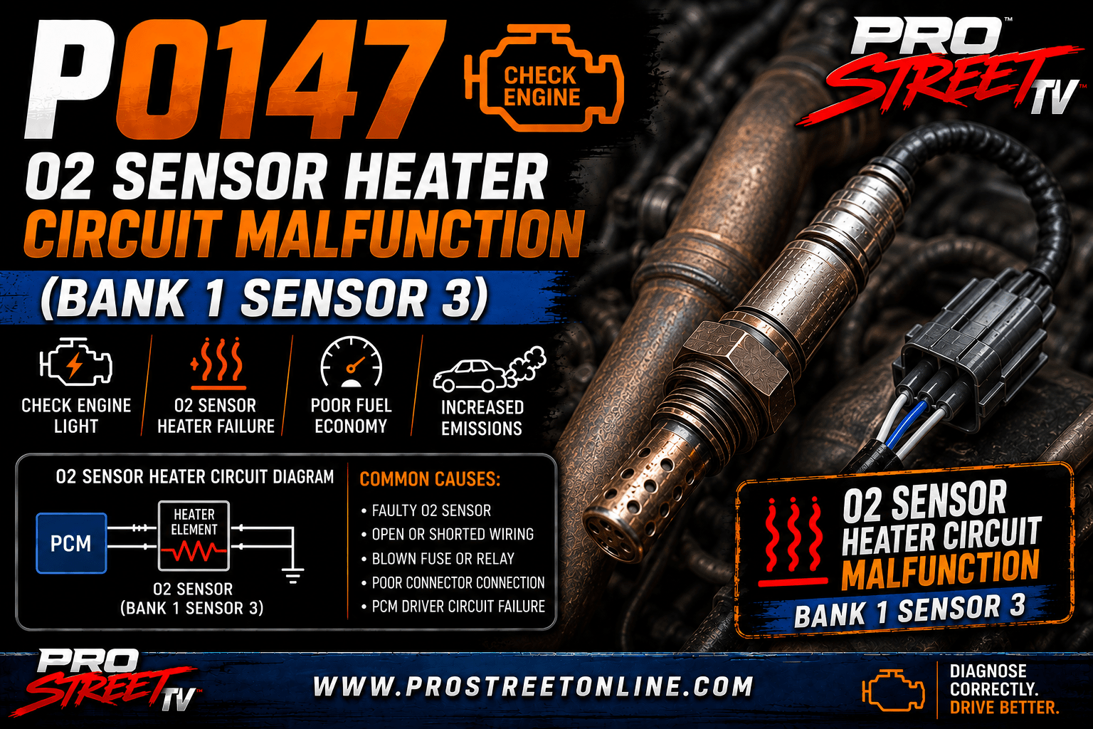 P0147 code illustration showing the Bank 1 Sensor 3 oxygen sensor heater circuit, fuse, relay, Check Engine Light, Pro Street TV logo, and www.ProStreetOnline.com.