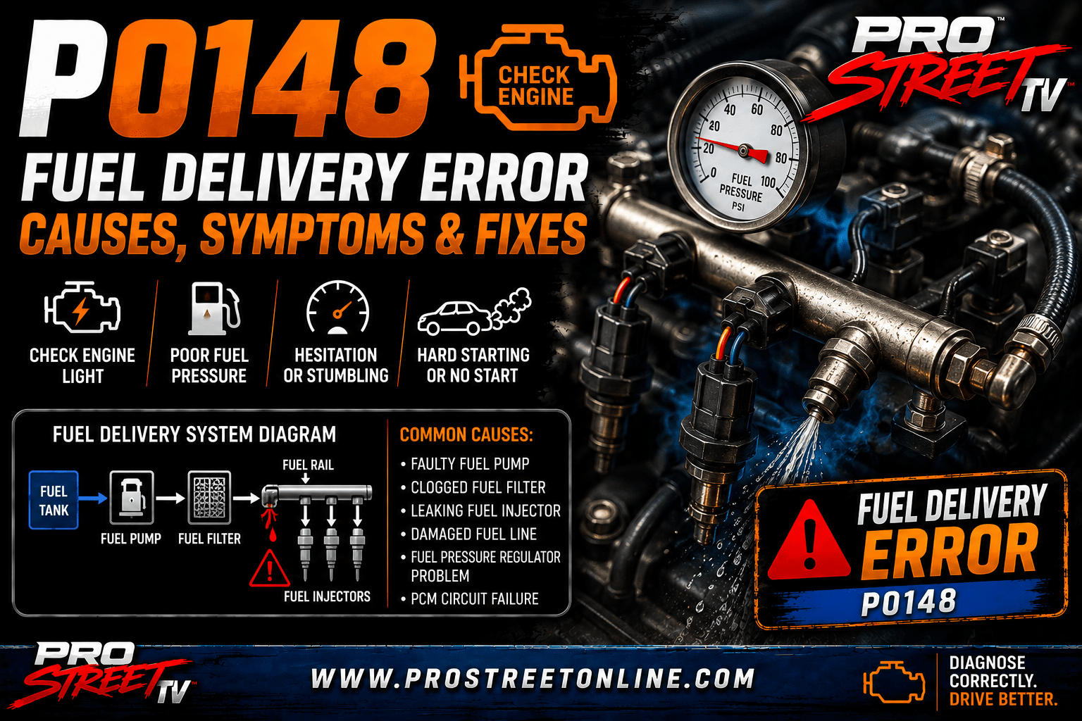 P0148 Fuel Delivery Error illustration showing a common rail fuel system with a high-pressure fuel pump, injectors, fuel rail, Check Engine Light, Pro Street TV logo, and www.ProStreetOnline.com.